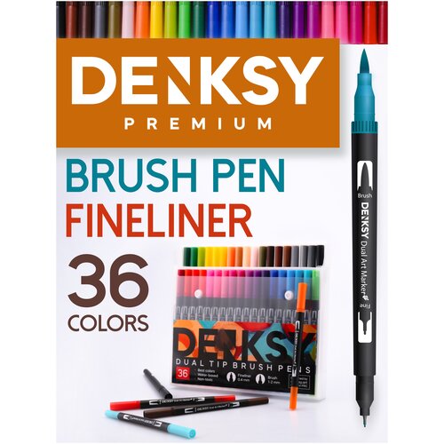 Маркеры DENKSY для скетчинга, 36 цветов, двусторонние (кисть 1-2 мм, линер 0,4 мм), корпус черный
