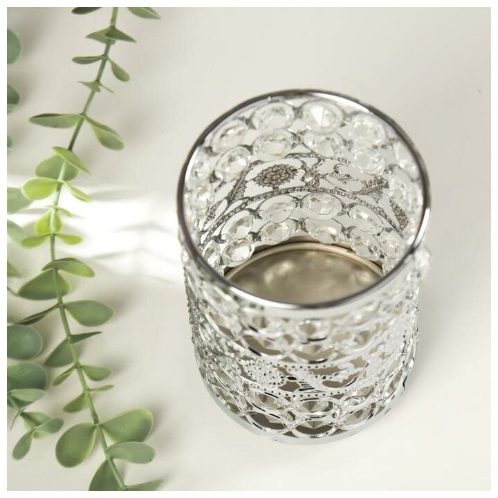 Подсвечник металл, стекло на 1 свечу "Кристаллы и подсолнухи" серебро 13х9х9 см 5078236 . - фотография № 2