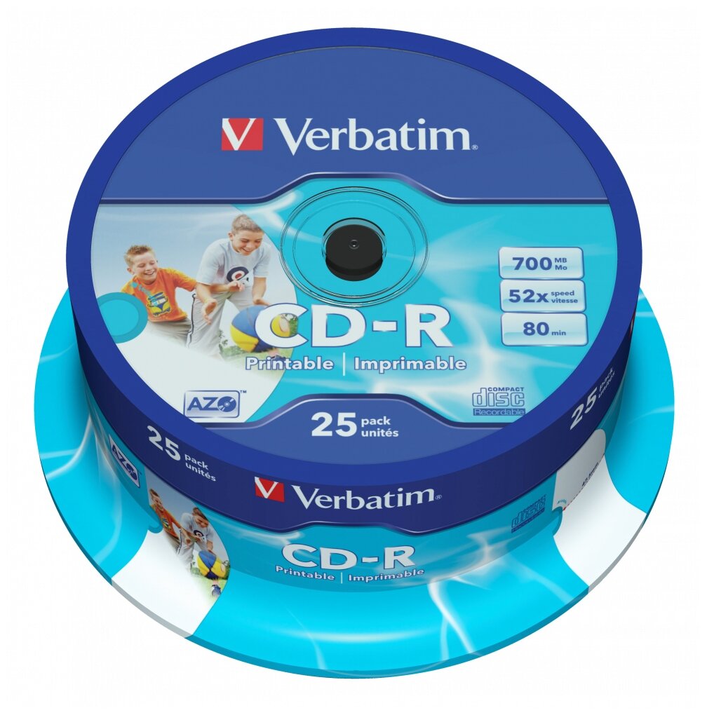 Verbatim Диск Диски CD-R 25 шт. Printable InkJet, 52-x 700Mb, Cake Box 43439
