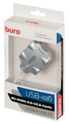 BURO Разветвитель USB 2.0 Buro BU-HUB4-0.5-U2.0-Candy 4порт. серебристый