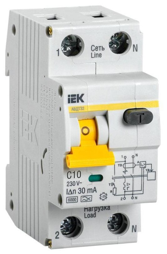 Выключатель автоматический дифференциального тока 2п (1P+N) C 10А 30мА тип A 6кА АВДТ-32, IEK MAD22-5-010-C-30 (1 шт.)