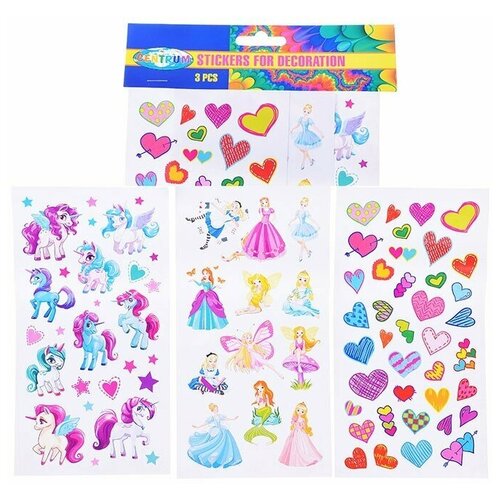 Декоративные наклейки бумажные, 3 шт в упаковке, размер 20x30мм, 20x15мм, дизайны: Сердечки, Принцессы, Единороги в ассортименте