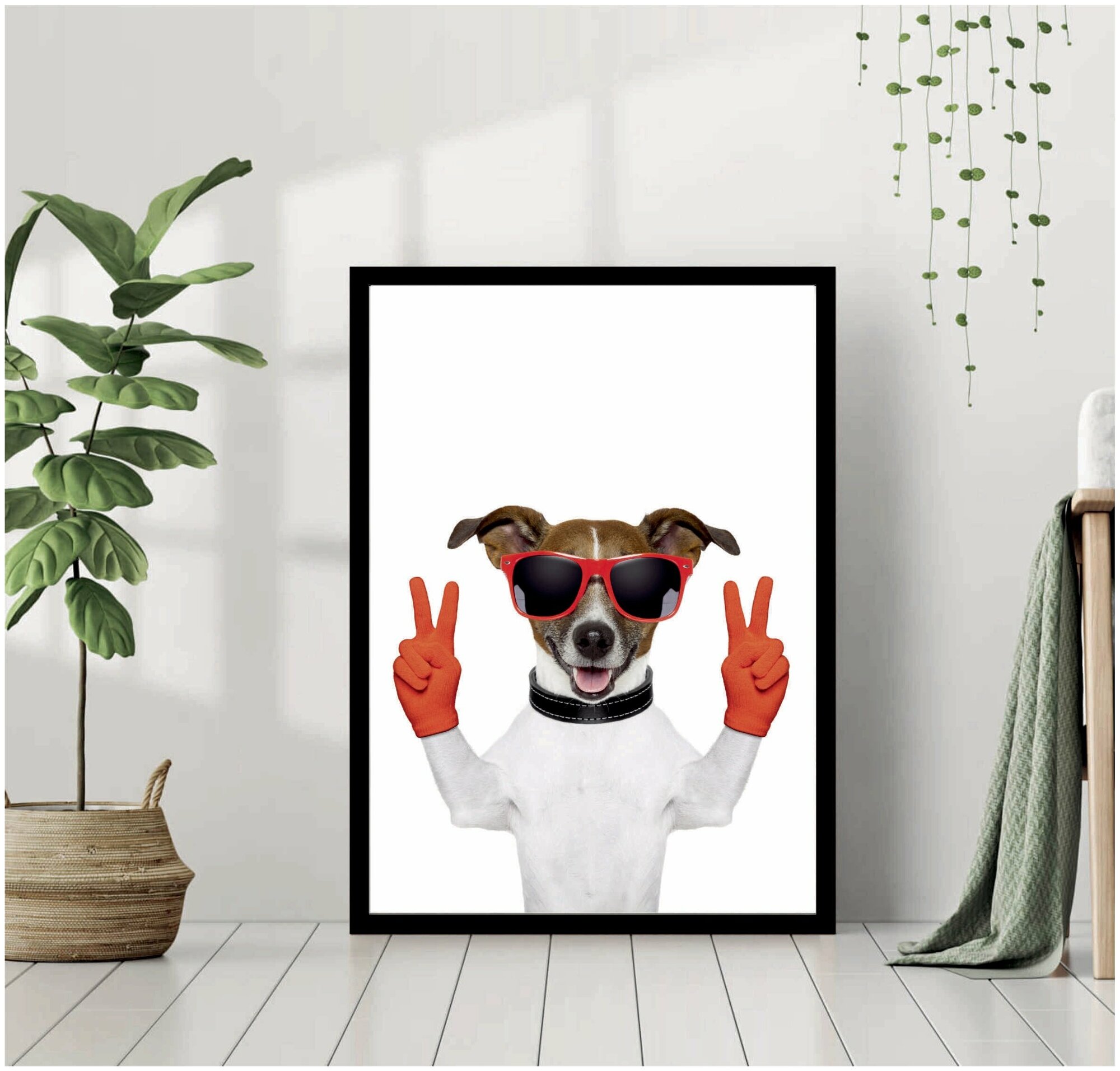 Постер В рамке "Собака в красных очках и перчатках" 40 на 50 (черная рама) / Картина для интерьера / Плакат / Постер на стену / Интерьерные картины