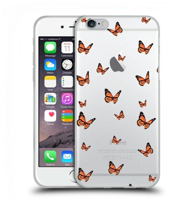 Полупрозрачный дизайнерский силиконовый чехол для Айфон 6/6s / Iphone 6/6s Оранжевые бабочки