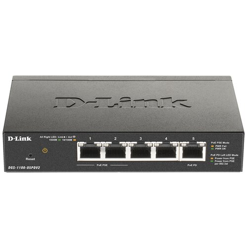 D-Link DGS-1100-05PDV2/A1A, L2 Smart Switch with 4 10/100/1000Base-T ports and 1 10/100/1000Base-T PD port(2 PoE ports 802.3af (15,4 W), PoE Budget 18W from 802.3at / 8W from 802.3af).2K Mac address,