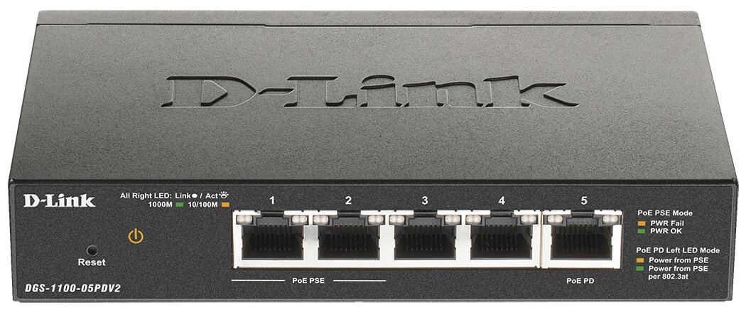 D-Link DGS-1100-05PDV2/A1A Настраиваемый L2 коммутатор с 5 портами 10/100/1000Base-T (2 порта PoE, 1 порт для питания коммутатора по PoE). (Питание ос