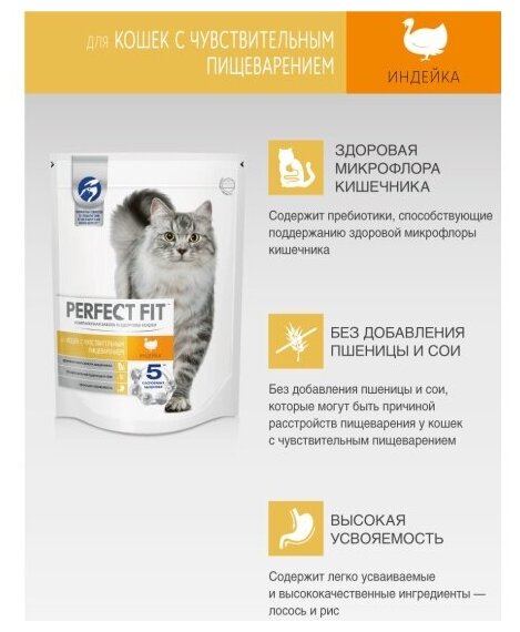 Perfect Fit Sensitive сухой корм для кошек с чувствительным пищеварением Индейка, 190 г. - фотография № 5