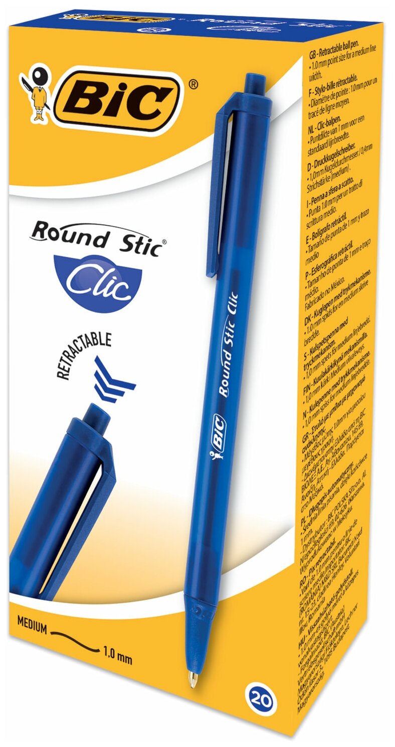 ручка шариковая Bic Round Stic Clic, 0,4 мм, автомат., синяя (упаковка 20 шт) - фото №2