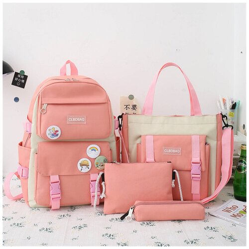 Рюкзак городской женский, детский, комплект 4 в 1: рюкзак ранец школьный, сумка шоппер, косметичка, пенал + значки, розовый