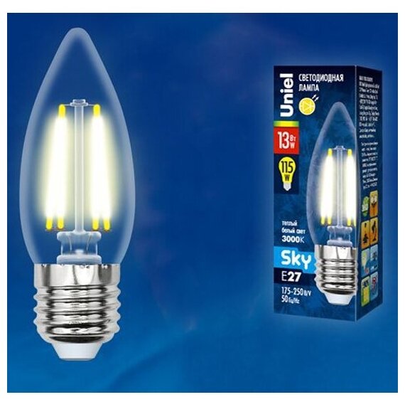Светодиодная лампа Uniel LED-C35-13W/3000K/E27/CL PLS02WH Форма "свеча", прозрачная. Серия Sky. Теплый белый свет (3000К). Картон. ТМ .