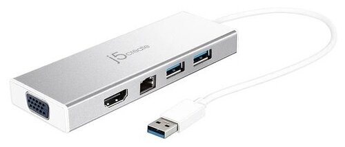 Концентратор j5create USB 3.0 Mini Dock. Интерфейс: USB 3.0. Порты: USB 3.0 x 2, VGA-DB 15 pin, HDMI, Gigabit Ethernet, USB Micro B