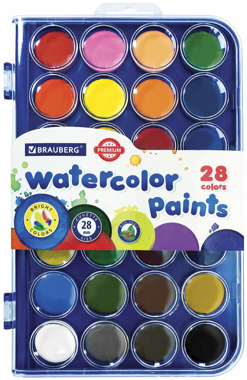 Краски акварельные Brauberg "Premium" 28 цветов, круглые кюветы 28 мм, пенал