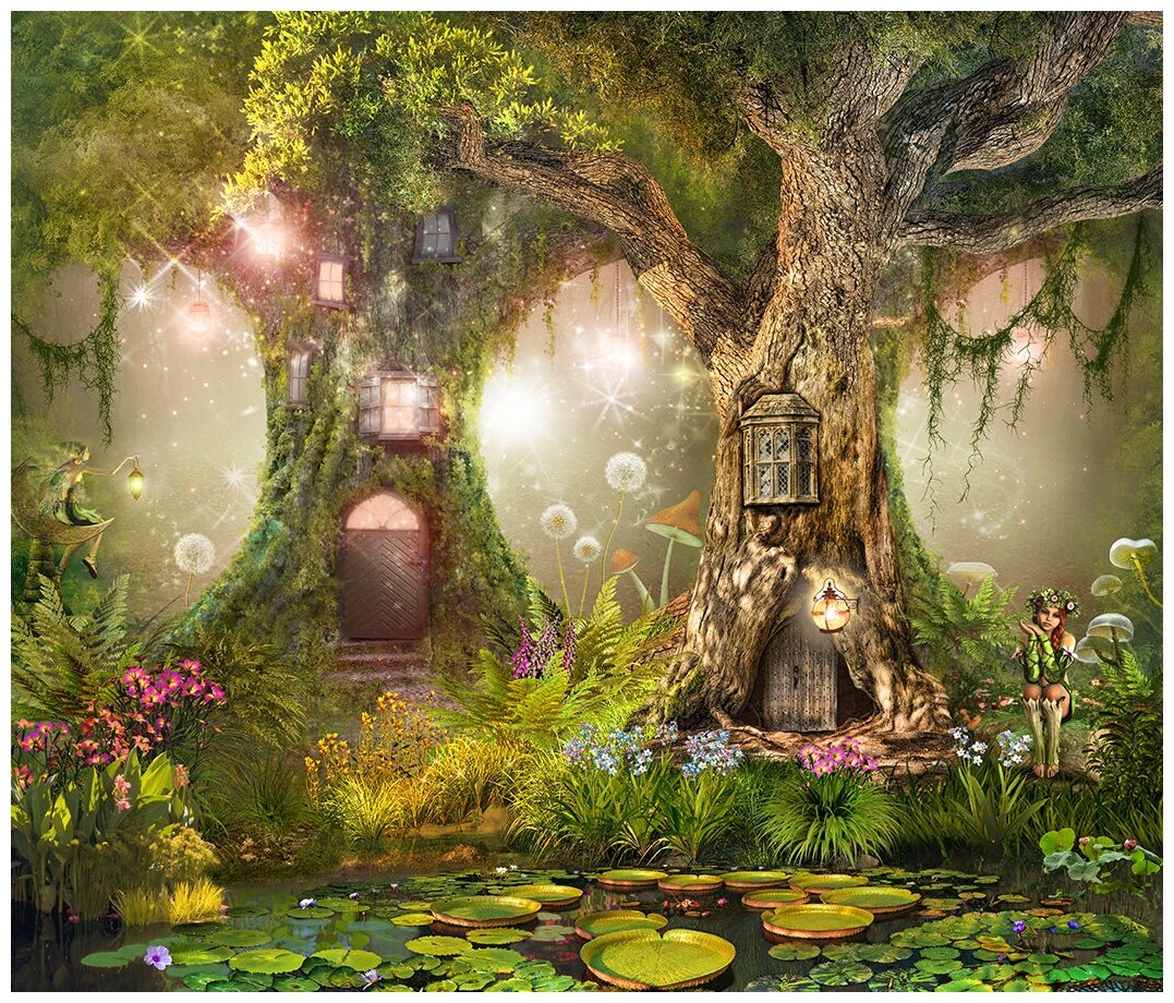 Фотообои Уютная стена "Сказочный лес фей с домами в деревьях" 320х270 см Бесшовные Премиум (единым полотном)