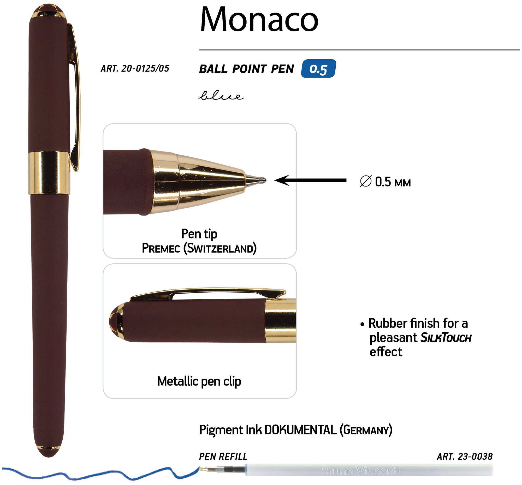 Ручка "MONACO" шариковая 0.5 ММ, синяя (коричневый корпус)