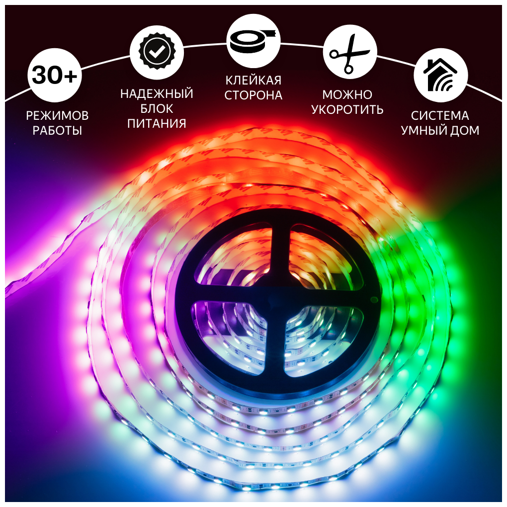 Комплект "Умная светодиодная лента" 15 метров/Работает с Алисой/Wi-Fi/Цветомузыка/Тайминг/SMD 5050/Пульт/Мощный блок питания 5А - фотография № 3
