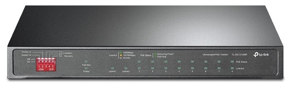 Коммутатор TP-LINK TL-SG1210MP кол-во портов: 9x1 Гбит/с кол-во SFP/uplink: combo RJ-45/SFP 1x1 Гбит/с PoE: 8x30Вт (макс. 123Вт) (TL-SG1210MP)