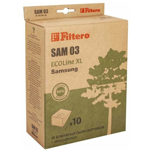 мешок пылесборник filtero ecoline xl lge 03 Filtero SAM 03 ECOLine XL, Мешки - пылесборники для пылесосов SAMSUNG, бумажные (комплект: 10 штук + фильтр)