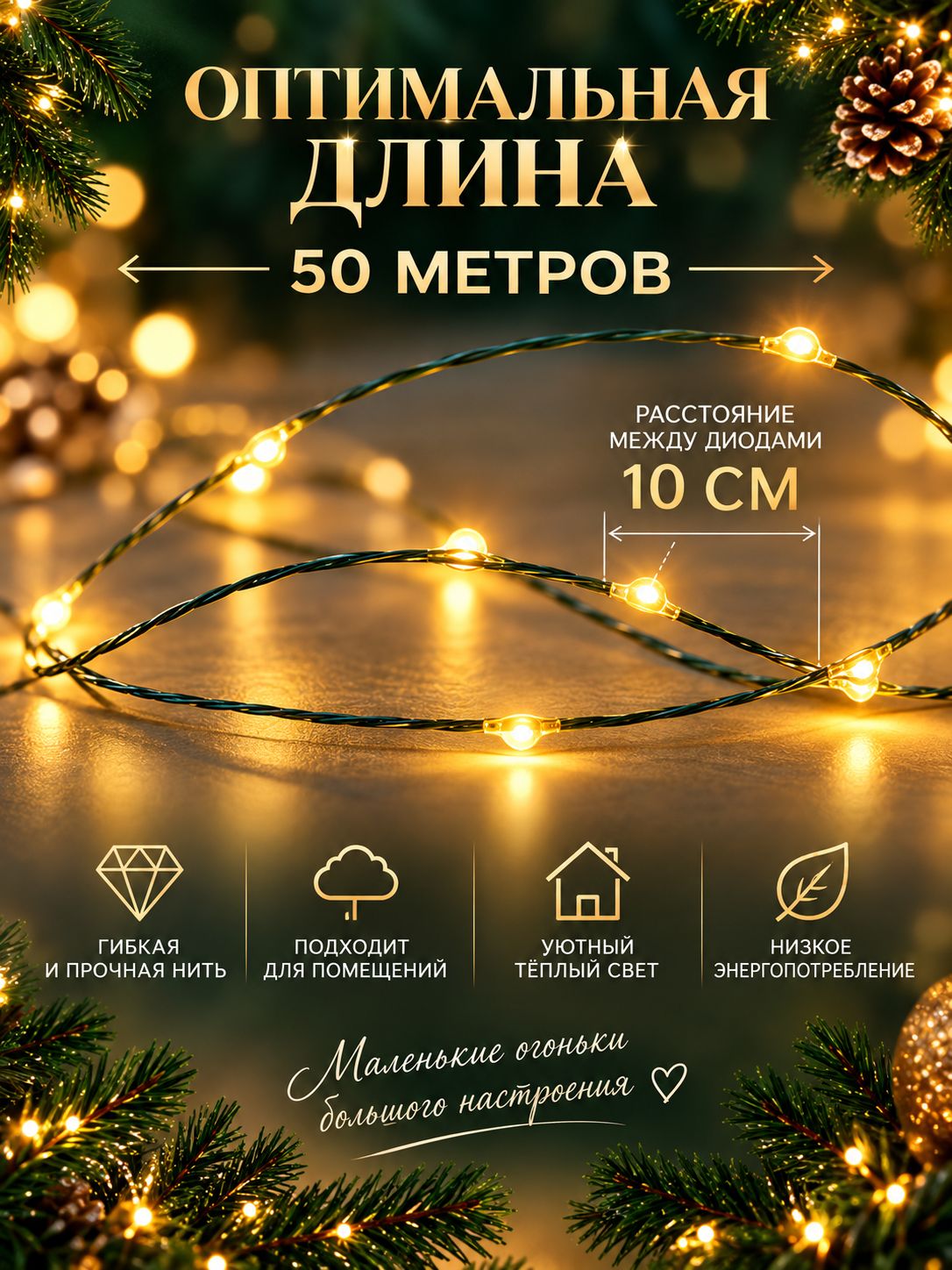Гирлянда Роса светодиодная 50 м, 500 LED, теплый белый, 8 режимов, с пультом — фото 1