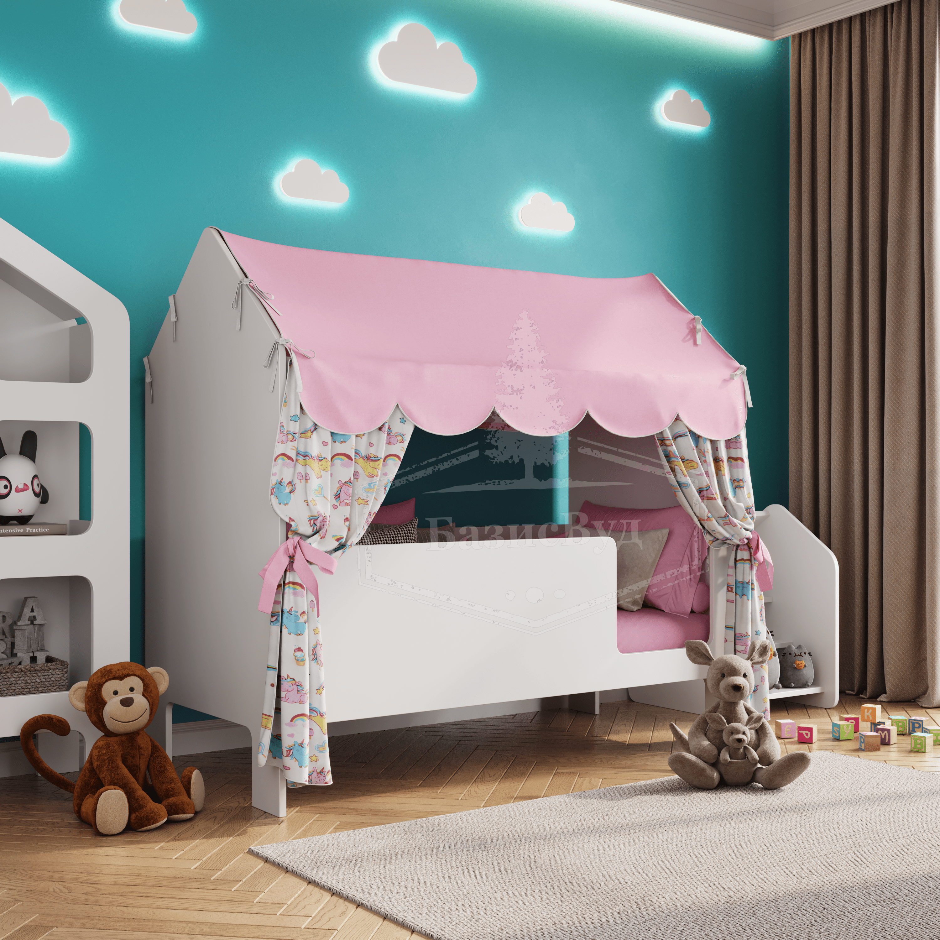 Кровать детская домик с текстилем (розовый, с единорогами, вход справа) "Базовый"