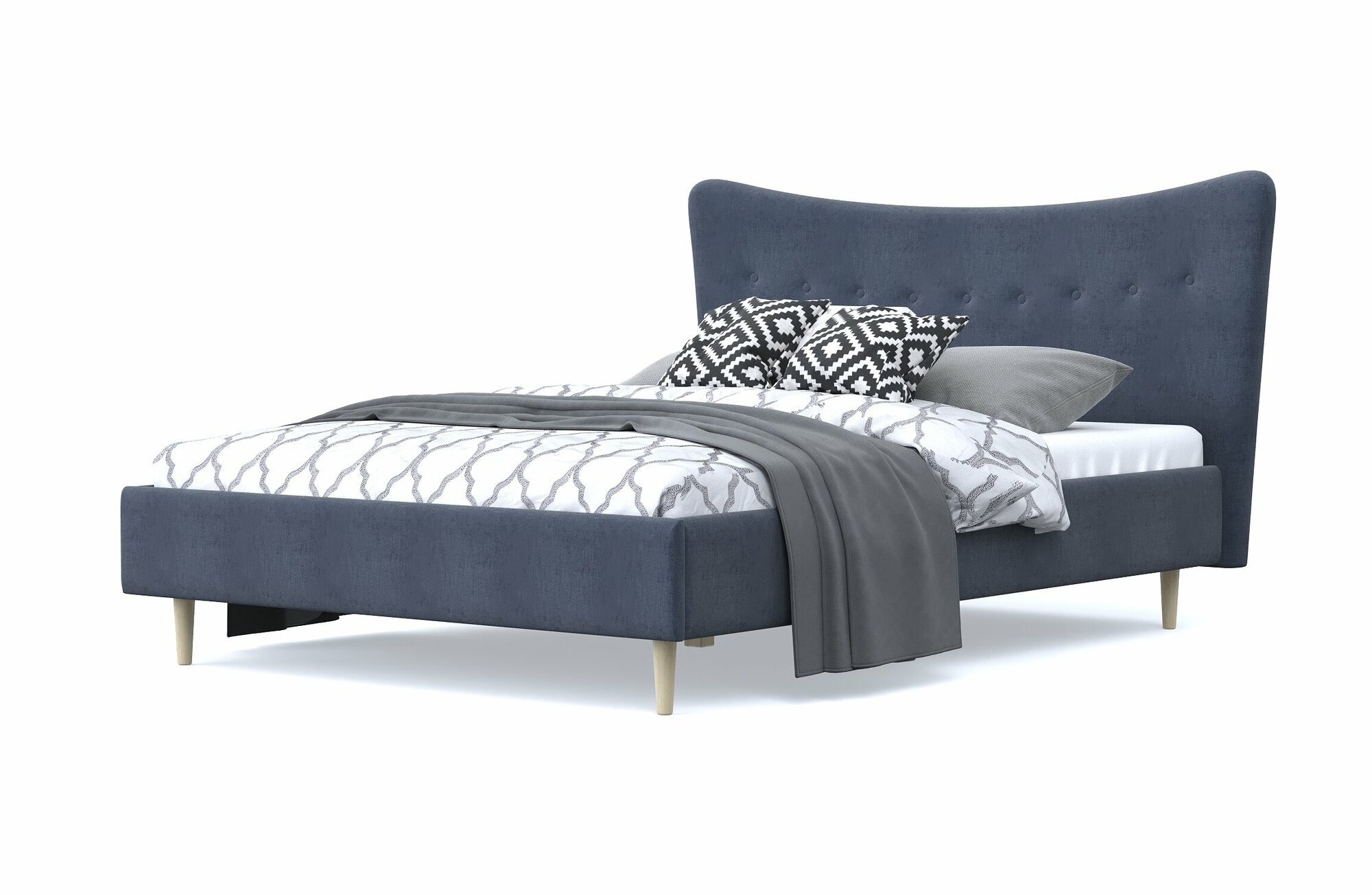 Двуспальная кровать финна 140х200, с мягким изголовьем, серый, шенилл, деревянная, на ножках