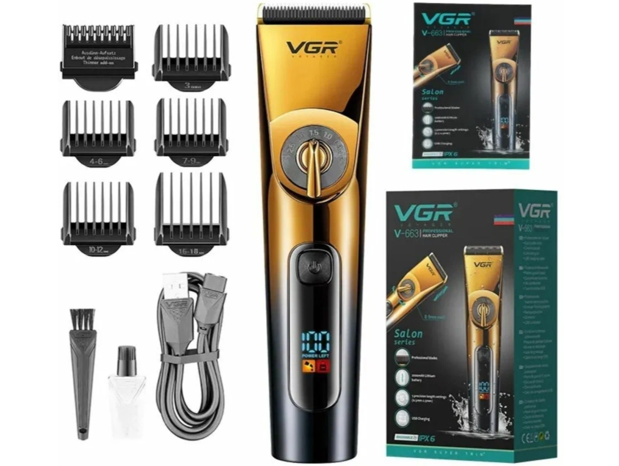 Профессиональная машинка для стрижки волос VGR V-663, Профессиональная машинка с насадками/Аккумуляторная/Окантовочная