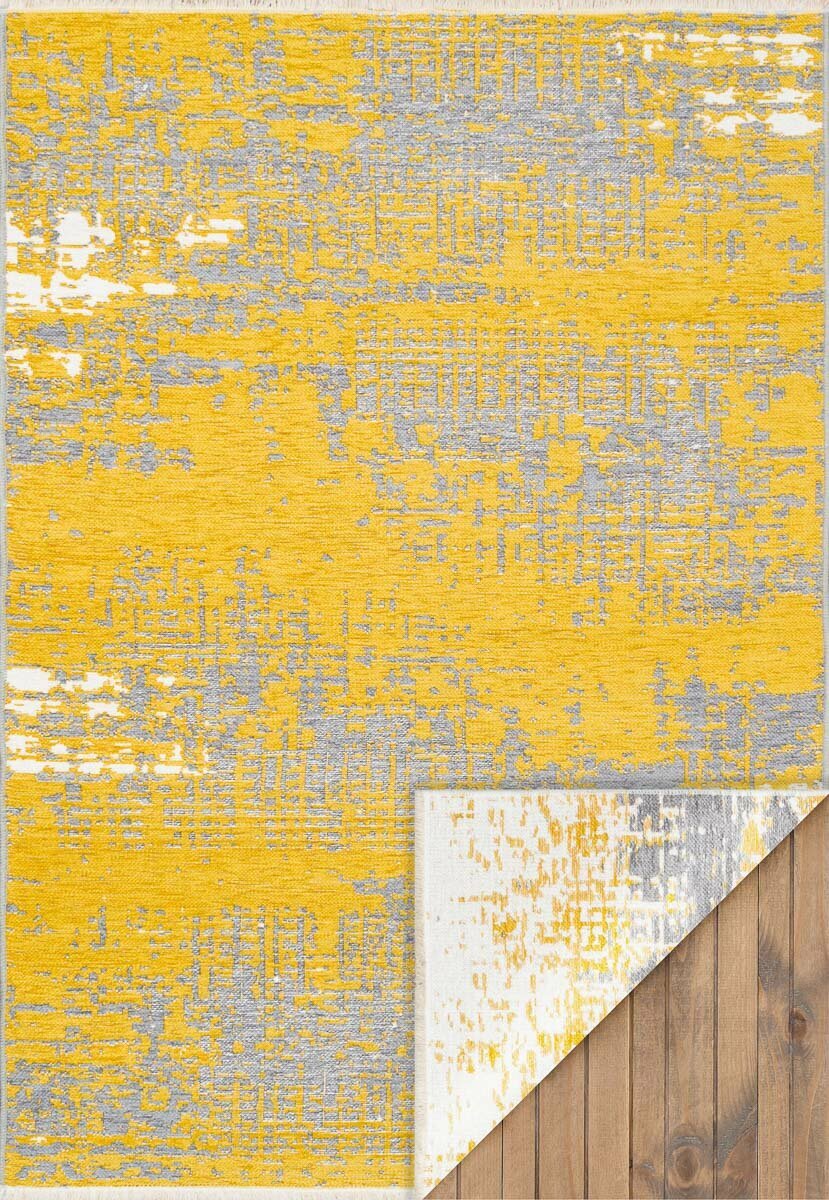 фото Ковер на пол 0,75 на 1,5 м в спальню, гостиную, двусторонний, безворсовый, жёлтый, яркий Noa Kilim NK 01 Yellow Grey