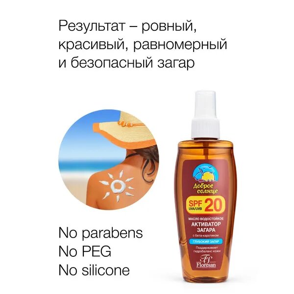 Floresan Масло водостойкое Активатор загара SPF 20 с бета-каротином 150 мл — фото 1