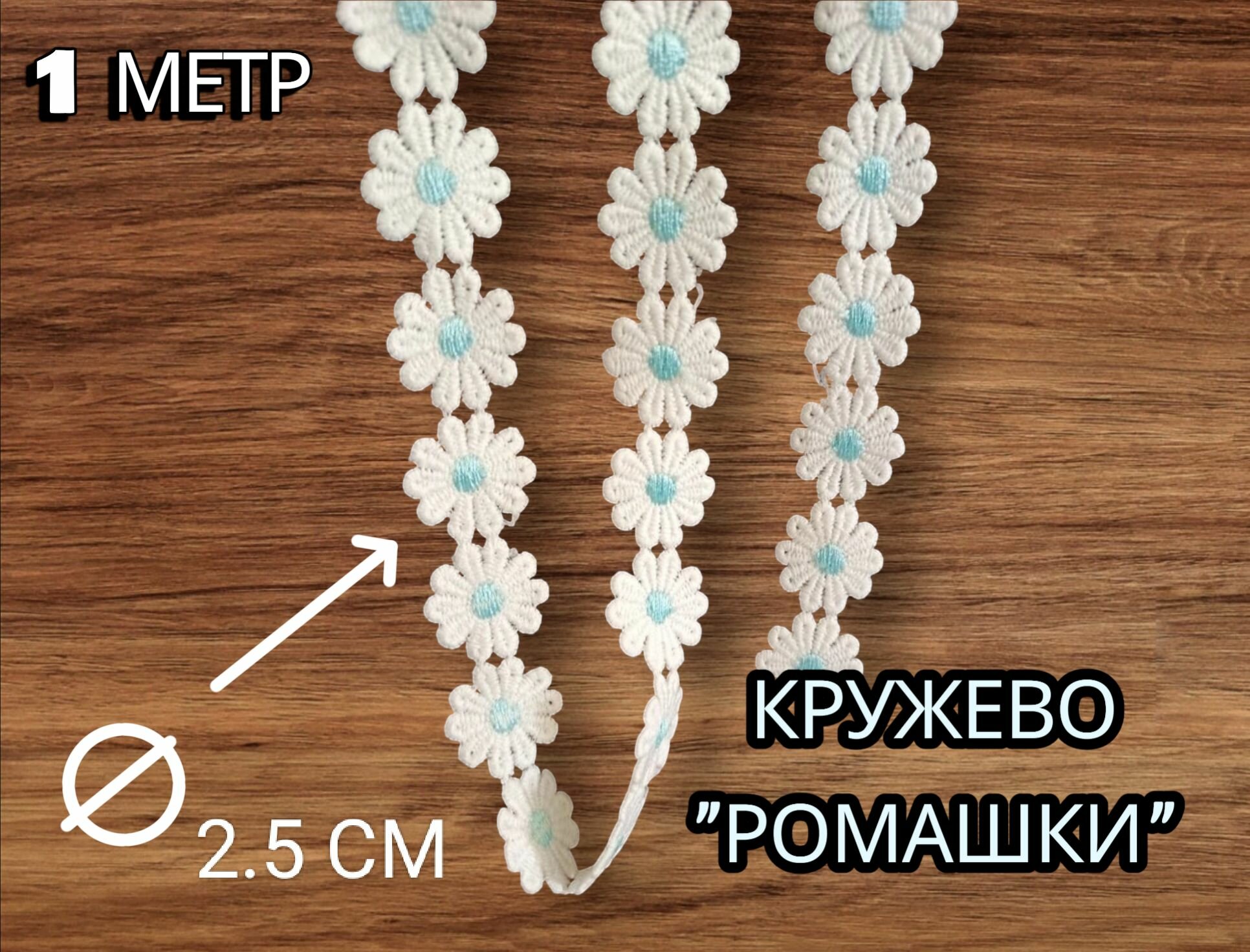 Кружево, для рукоделия, 2,5 см, 1 м, белое с голубым, хлопок 80%, полиэстер 20%