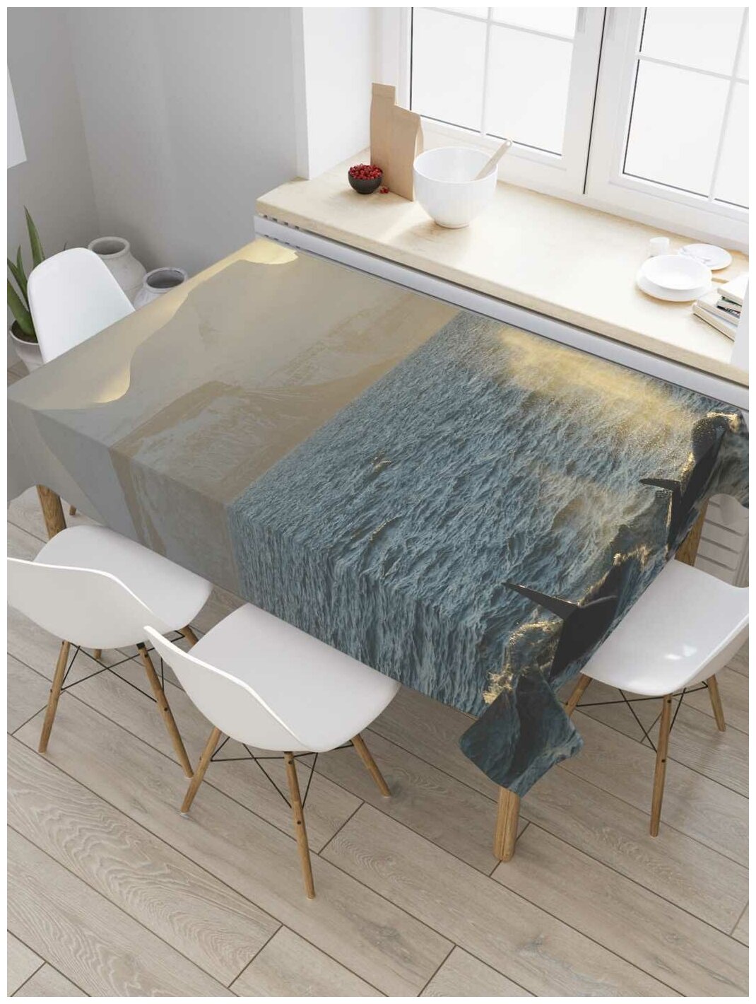 Скатерть прямоугольная JoyArty на кухонный стол "Косатки в лучах солнца" из оксфорда, 120x145 см