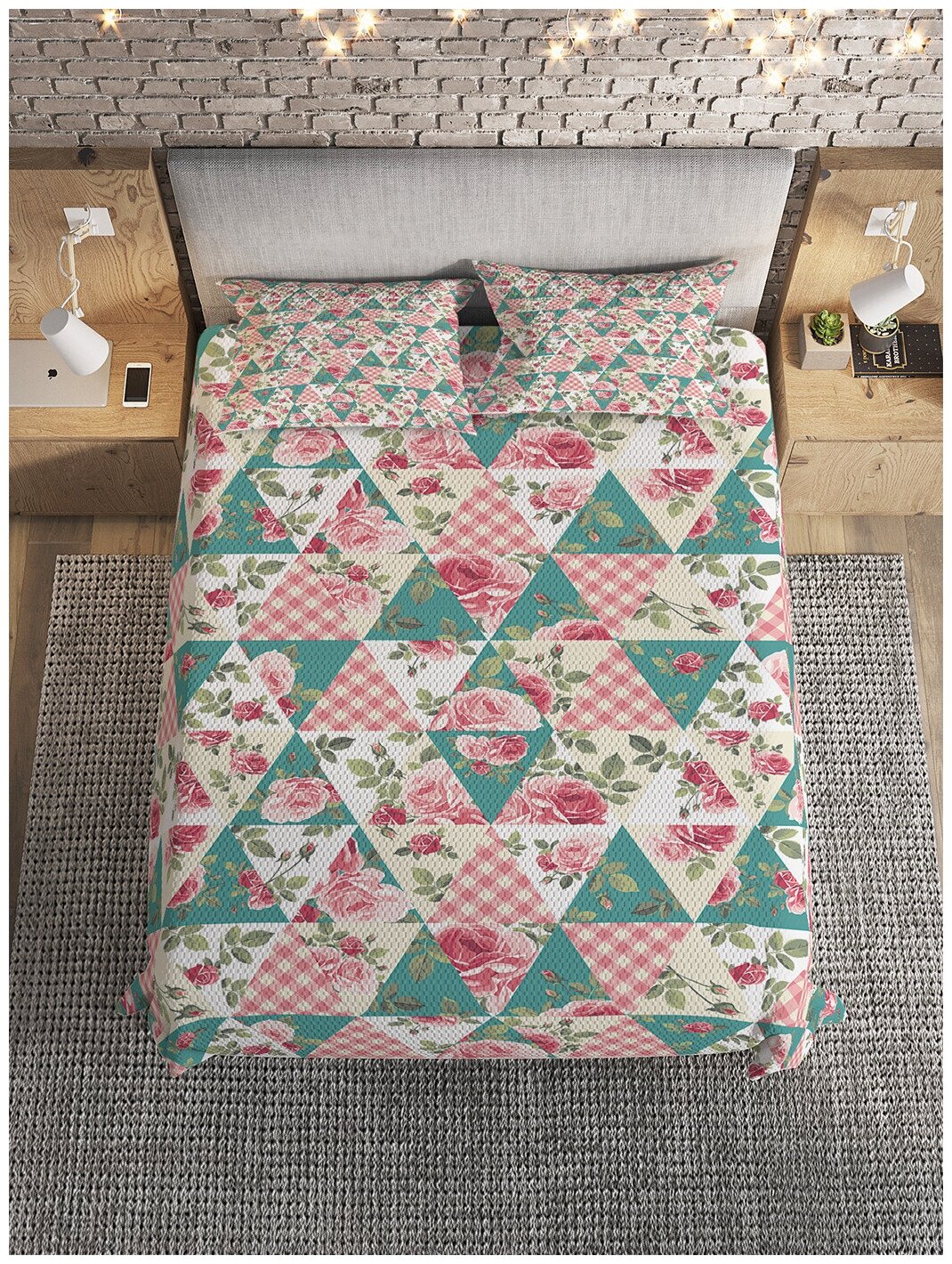 Покрывало на 1,5-спальную кровать Ambesonne "Цветы в треугольниках" 160х220 см с 2 наволочками 50x70 см