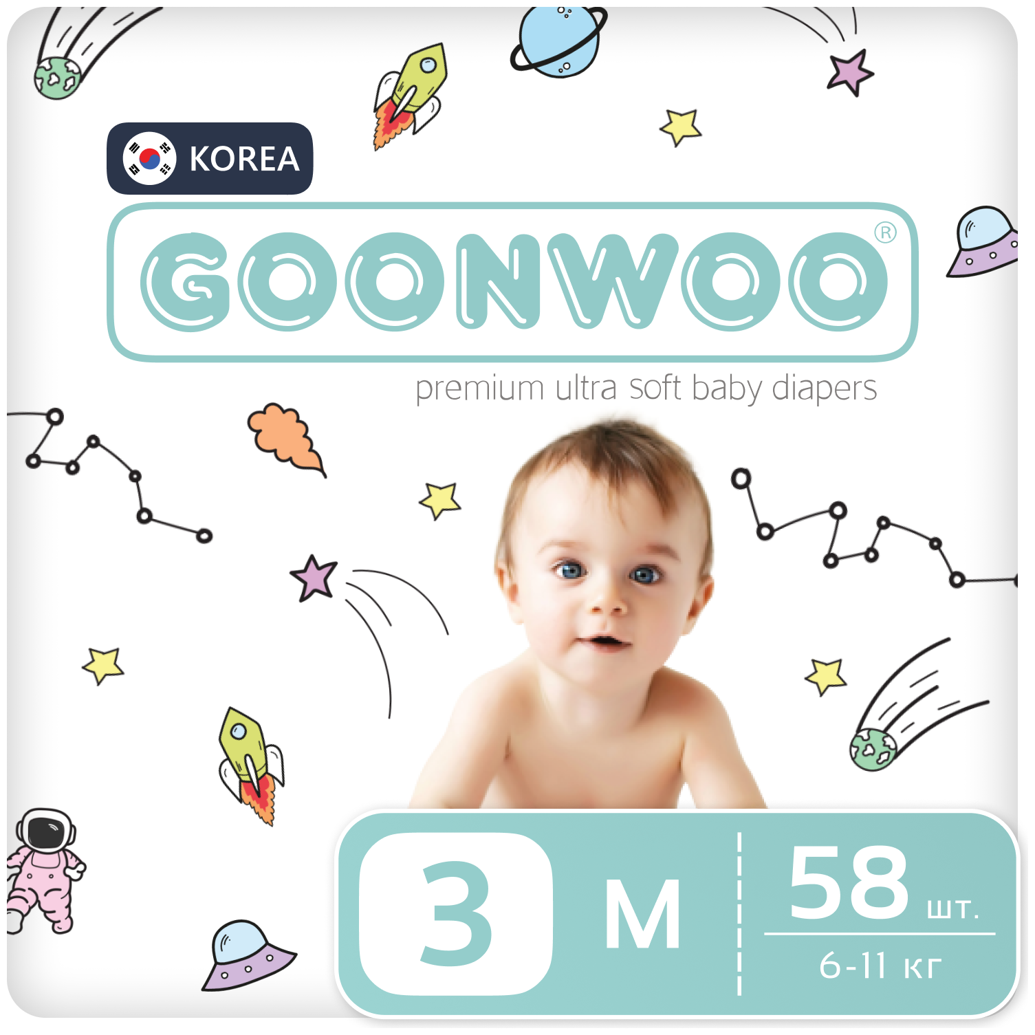 Подгузники GOONWOO размер 3 / M (6 - 11 кг), 58 шт.