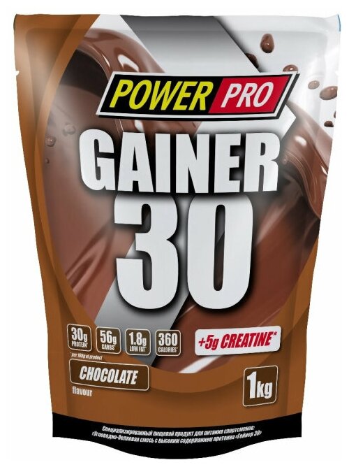 Power pro Углеводно-белковая смесь с высоким содержанием протеина "Гейнер 30" со вкусом шоколада, 1кг