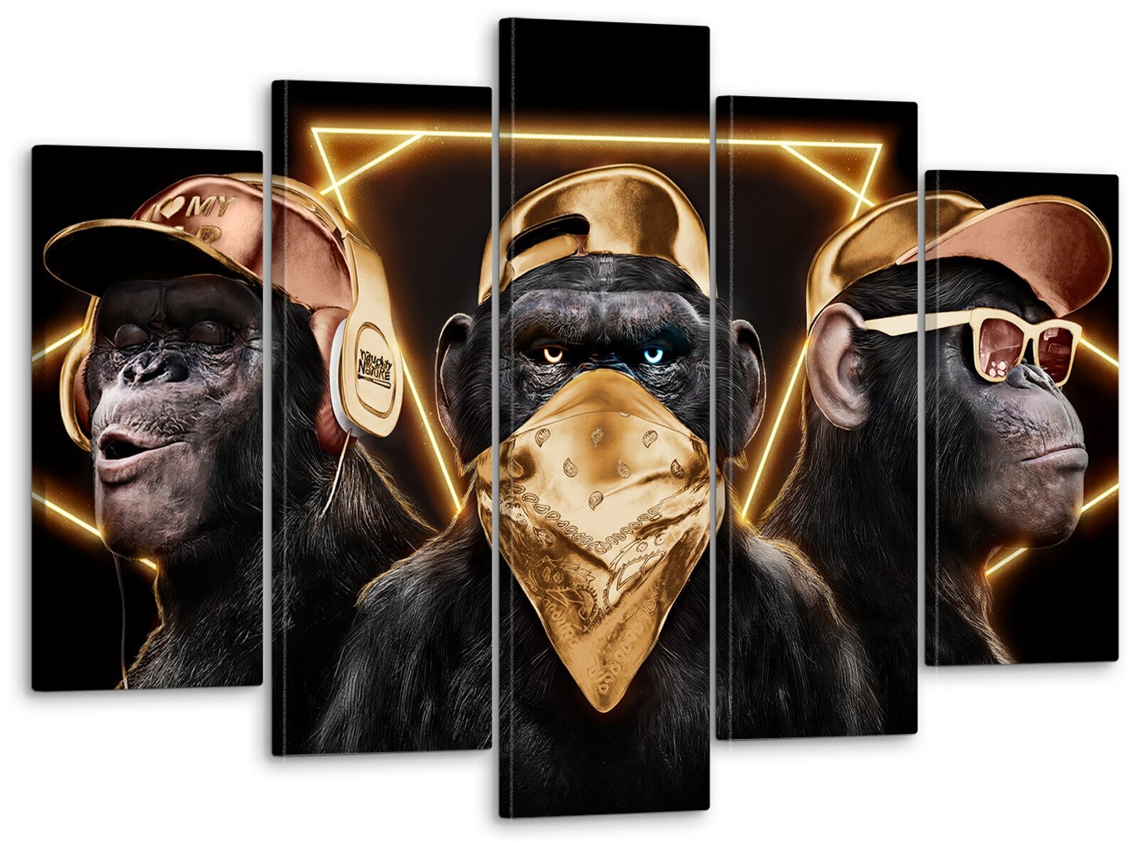 Модульная картина на стену, для интерьера "Три мудрые обезьяны в золоте" 80x140 см