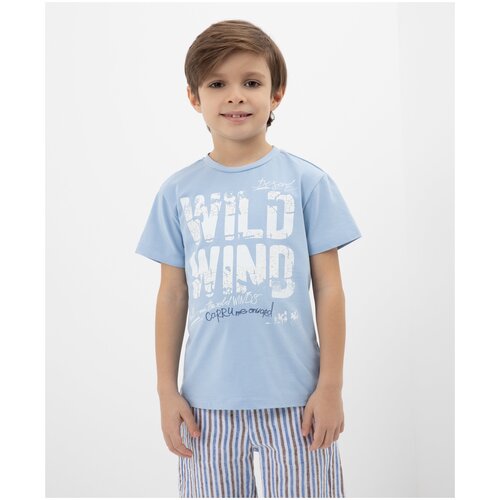 фото Футболка с винтажным принтом голубая gulliver, цвет голубой, размер 98