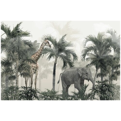 Фотообои Уютная стена Слон и жираф в джунглях 410х270 см Виниловые Бесшовные (единым полотном)