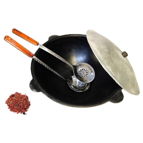 Казан чугунный Наманган Узбекский (плоское дно) с алюминиевой крышкой, с шумовкой, половником и специями, черный, 12 л