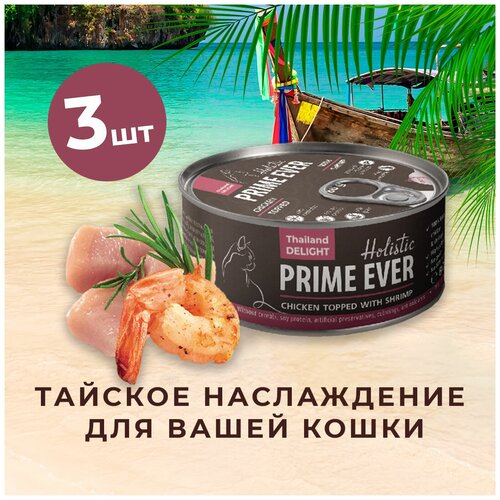 Корм для кошек влажный, цыпленок с креветками в желе, холистик, Prime Ever, упаковка 3 шт х 80 г