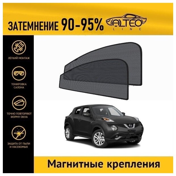 Каркасные автошторки ALTEO PREMIUM на Nissan Juke 1 рестайлинг (YF15) (2014-2020) на передние двери на магнитах с затемнением 90-95%