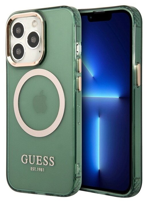 Чехол Guess Metal outline Hard Translucent для iPhone 13 Pro Max, зеленый/золотой (MagSafe)