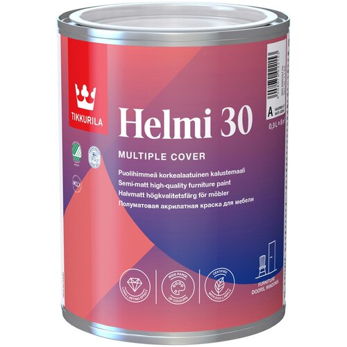 Краска акриловая Tikkurila Helmi 30 полуматовая белый 0.9 л 1.22 кг краска для мебели tikkurila helmi 30 основа с 2 7 л
