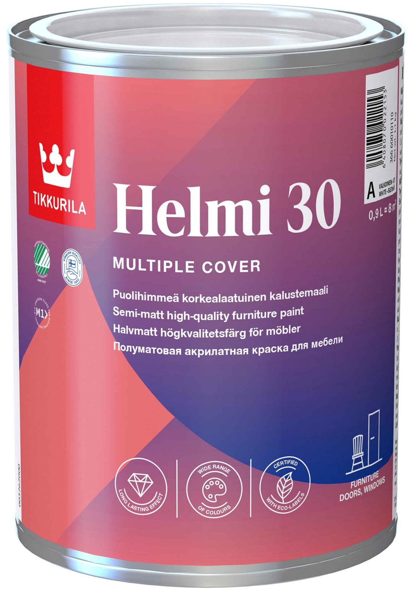 Краска акриловая Tikkurila Helmi 30 полуматовая белый 0.9 л 1.22 кг