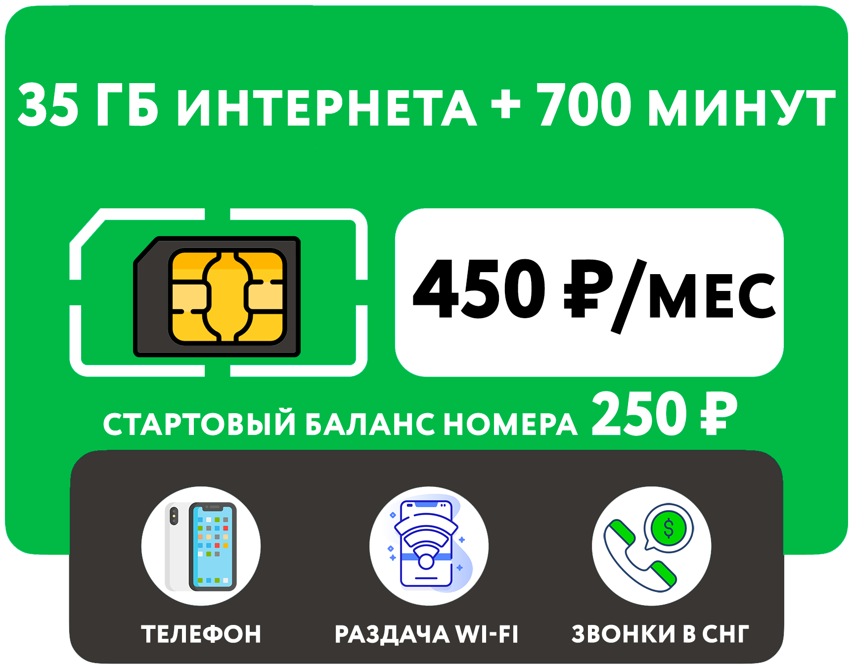 SIM-карта 700 минут + 35 гб интернета 3G/4G за 450 руб/мес (смартфон) + выгодные звонки в СНГ (Москва Московская область Россия)