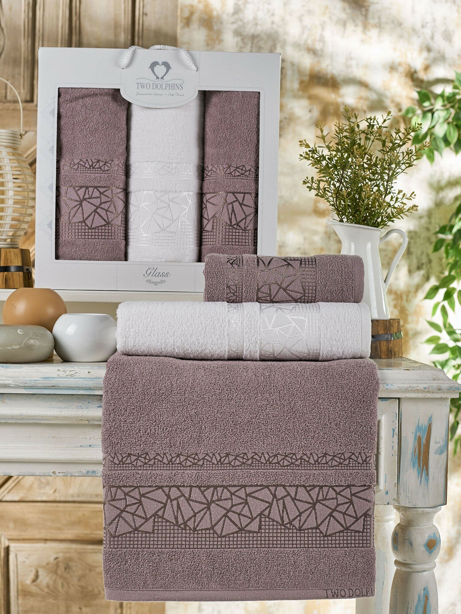 фото Two Dolphins Набор из 3 полотенец Glass цвет: брусничный (50х90 см - 2 шт, 70х140 см)