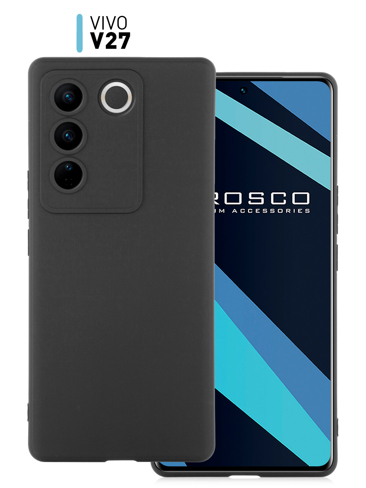фото Чехол для Vivo V27 (Виво В27) матовый чехол ROSCO с бортиком (защита) вокруг модуля камер, силиконовый чехол черный