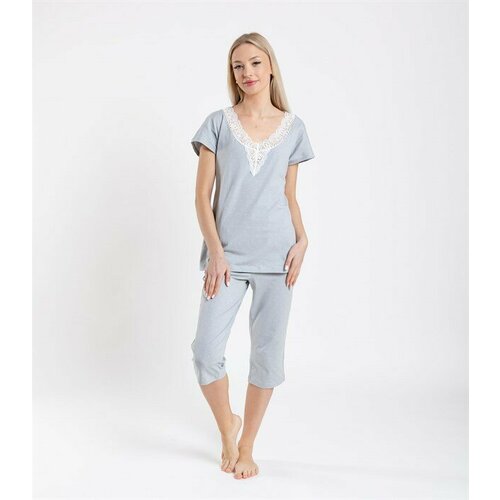 Пижама SERGE DENIMES, размер 96, белый, серый пижама serge капри топ короткий рукав пояс на резинке трикотажная без карманов размер 96 белый серый