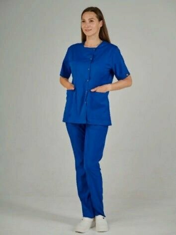 Медицинский костюм женский стрейч, ярко-синий, на кнопках, до больших размеров, Сizgimedikal Uniforma, Турция