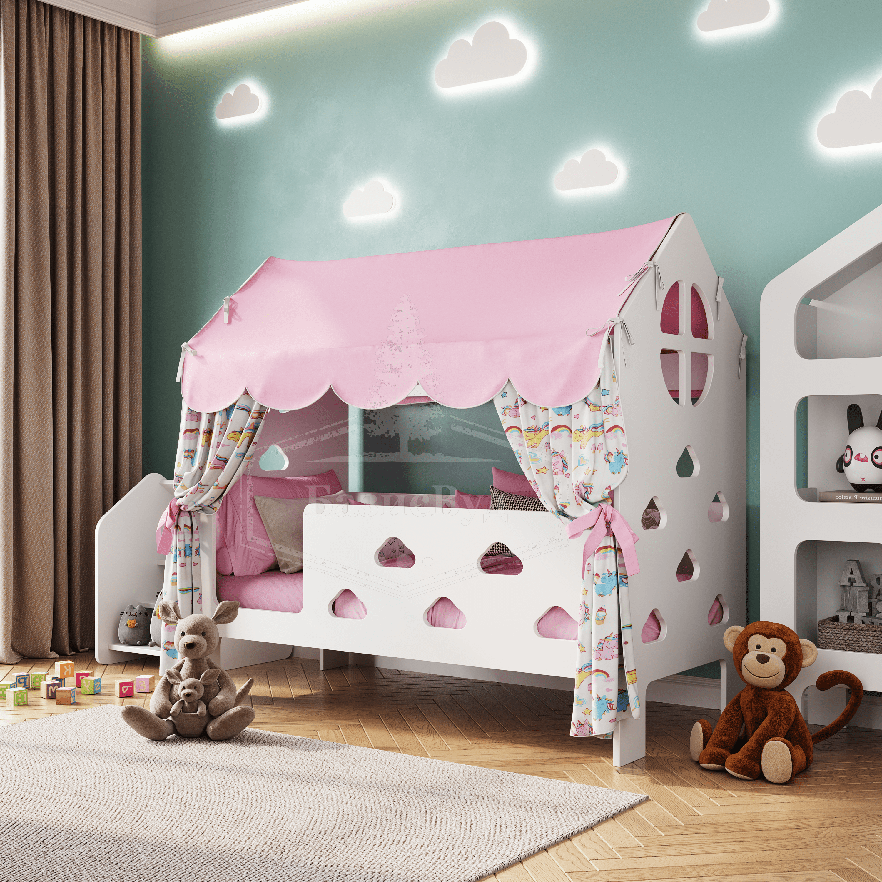 Кровать детская домик "Облачка" с текстилем (розовый, с единорогами, вход слева)