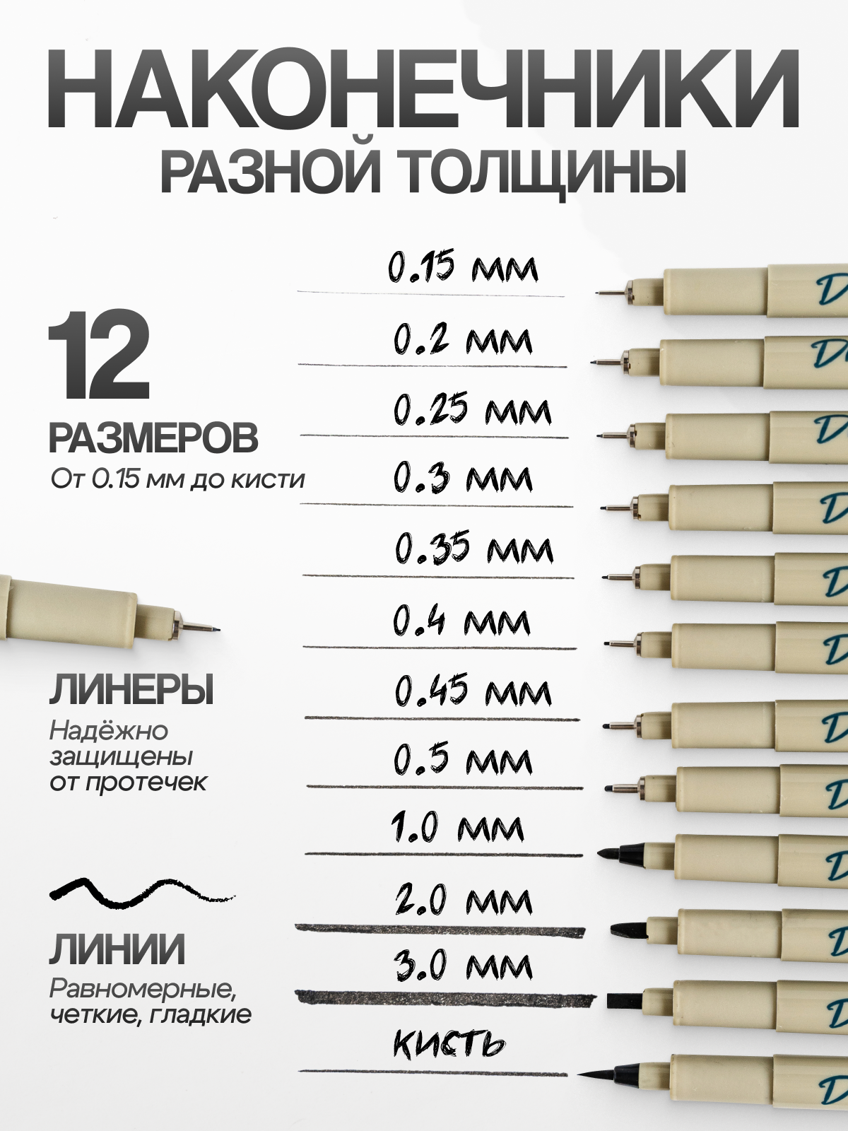 Draw Me Линеры пигментные для скетчинга рисования нейрографики черные капиллярные ручки для письма и черчения набор 12шт — фото 1