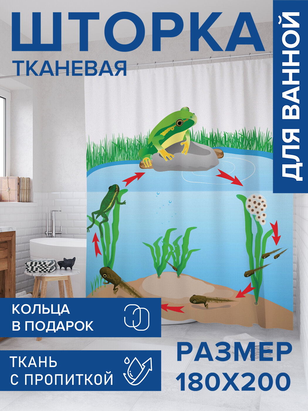 Штора в ванную тканевая с водоотталкивающей пропиткой / занавеска в душевую с рисунком 
