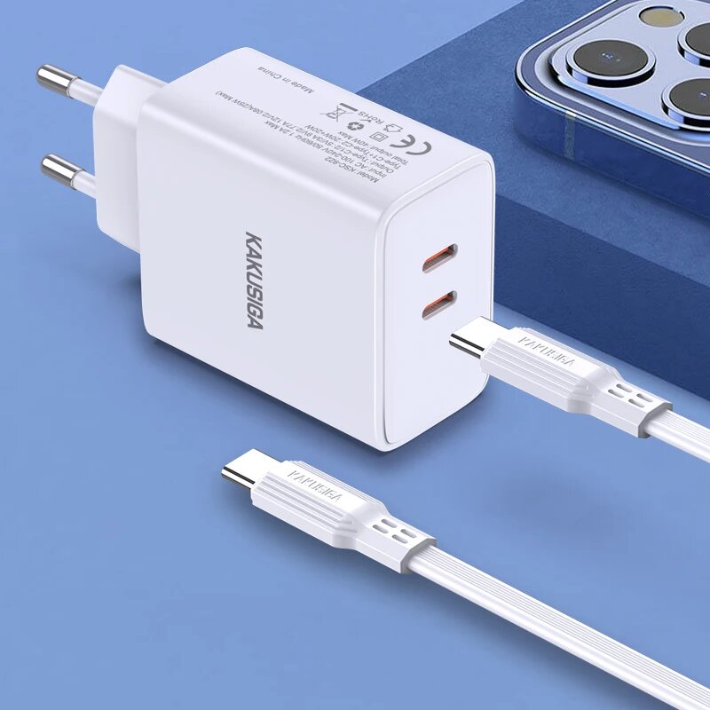 Зарядное устройство KAKUSIGA "Dual Type-C", с кабелем, 40Вт, белое